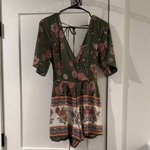 Blue Rain Olive Floral Wrap Romper with Pink Accents